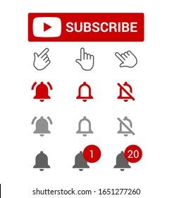 Subscribe button, red and grey bell alerts, chat or reminder notifications, elements for blogging, set of smm icons, flat style vector illustration