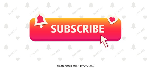 Subscribe button. Red-yellow color, with a heart and a bell. Vector illustration.