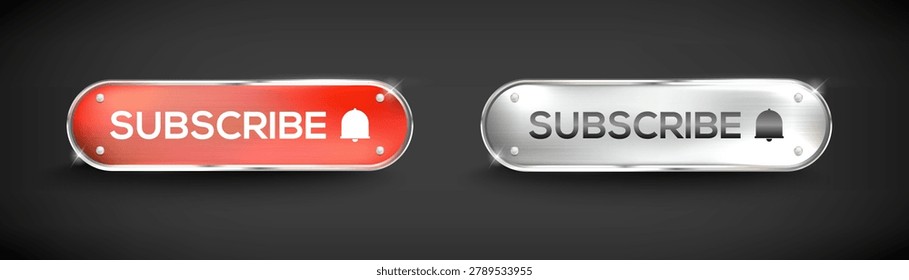 Subscribe Button Set: Metallic 3D Render Design for YouTube Channels and Video Interface UI Elements.