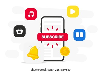 Subscribe button. Smartphone with subscribe web button for online service. Digital social marketing. Social media concept. Subscribe to video channel, blog newsletter, music, shop. Vector illustration