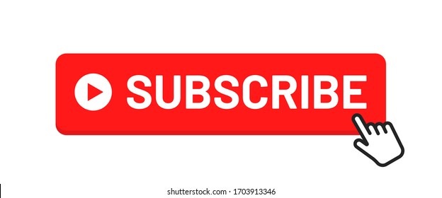 Subscribe button for social media. Subscribe to video channel, blog and newsletter. Red button with hand cursor for subscription. Vector