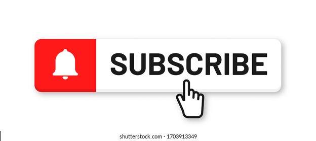 Subscribe button for social media. Subscribe to video channel, blog and newsletter. Red button with hand cursor and bell for subscription. Vector