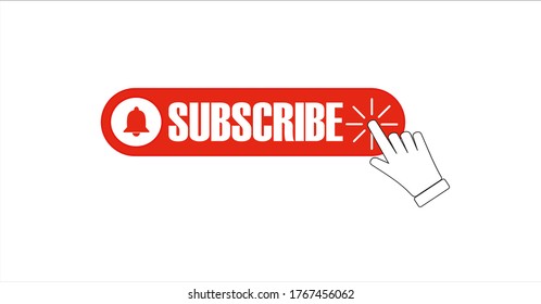 Subscribe button for social media. Subscribe to video channel, blog and newsletter. Red button with hand cursor and bell for subscription. Vector illustration.