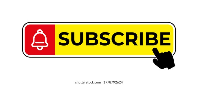 Botón de suscripción para medios sociales. Suscríbete al canal de video, blog y boletín informativo. Botón rojo con la mano y el timbre para la suscripción. Vector