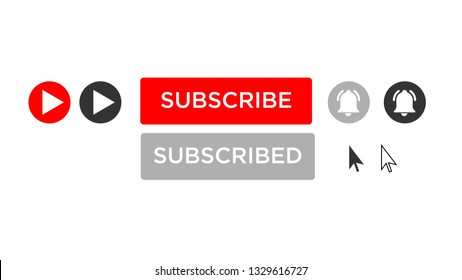 Subscribe Button, Subscribed with grey Bell and Dark Grey Play button Red subscribe button arrow white arrow black