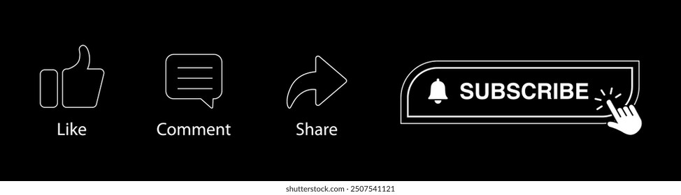 Subscribe button vector illustration, Like, Comment, Share and Subscribe icons in white background, Button Icon Set for Channel Subscribe, like, comment and share. notification icon with subscribe.
