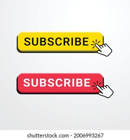 Subscribe button for video channel, blog and social media. Red button with hand cursor and bell for subscription