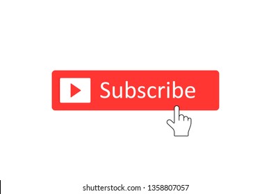 Subscribe button to videos channel with hand pointer clicking. Modern flat style vector illustration.