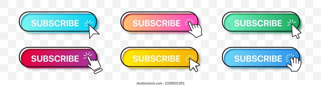 Subscribe buttons collection with arrow and hand cursor pointer. Gradient button with shadow. Set of digital web buttons. App website button collection