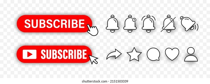 Subscribe buttons with notification bells collection. Social media buttons. Red buttons subscribe of channel. Subscribe button with message bells set isolated on transparent background. Vector EPS 10