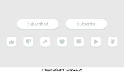 Subscribe buttons. A set of white buttons for a video blog, stream, or channel drawn in a flat style. Vector illustration