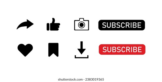 Botones de suscripción. Silhouette, botones de reacción bajo el post, compartir, como, pin, botones de suscripción. Iconos del vector