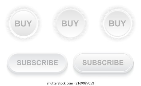 Subscribe and buy buttons with halftone pattern around, white grey minimal modern vector backgrounds for website, 3D White buttons for user interface.