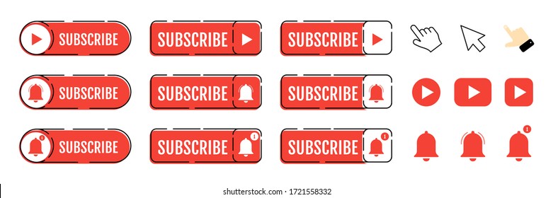 Subscribe, call button and hand cursor. Red button for subscribing to a channel, blog. Social network web button, channel element, video content. Social media concept. Marketing. Vector illustration.