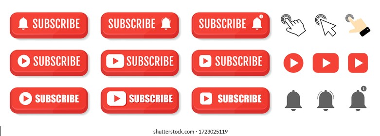 Subscribe, call button and hand cursor. Red button for subscribing to a channel, blog. Social network web button, channel element, video content. Social media concept. Marketing. Vector illustration.