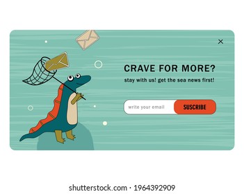 Subscribe cartoon vector mailout template with ancient dino. Cute dino catching envelope with hand net and subscription button. Dinosaur, history, ancient concept for website design or landing page