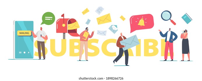 Subscribe Concept. Characters Sending or Receive E-mail with Promo. Influencer Marketing, Social Media or Network Promotion, Smm or Seo Poster, Banner or Flyer. Cartoon People Vector Illustration