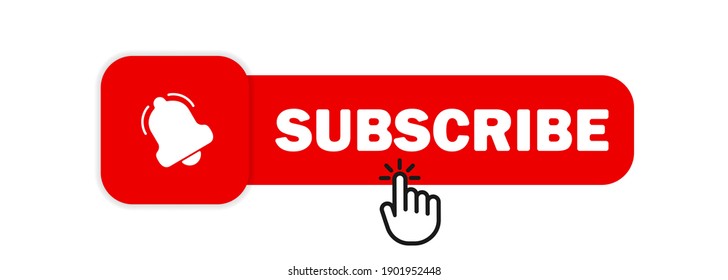 Subscribe with cursor. Bell button and hand cursor. Subscribeicon. Red button subscribe to channel, blog. Social media background. Marketing. Vector illustration. EPS 10