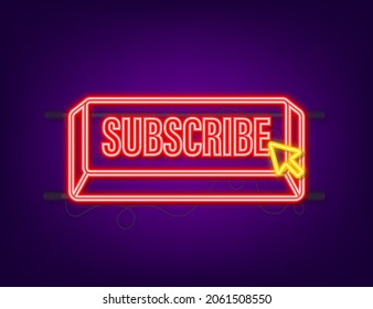 Subscribe with cursor button. Internet icon. Pointer click neon icon. Vector stock illustration