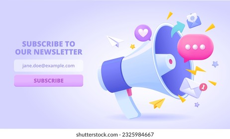 Subscribe email newsletter field and button. Loudspeaker, like button, share, speech bubble. 3d template for landing page. Three dimensional vector illustration for website, banner, print, application