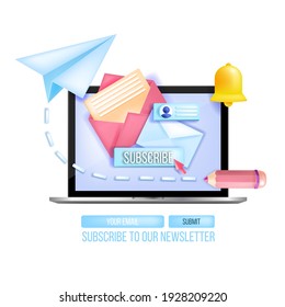 Subscribe To Email Newsletter Vector 3D Concept, Laptop, Paper Airplane, Notification Bell Icon. Mail Internet Marketing Web Template, Open Envelope, Screen, Button. Subscribe Business Newsletter