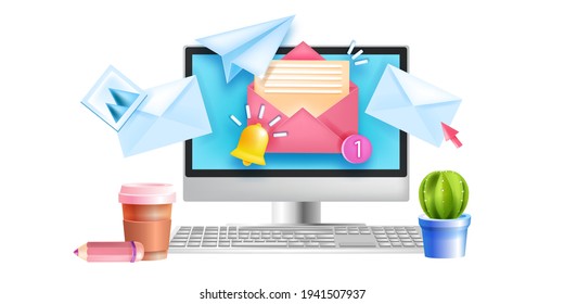 Subscribe to email newsletter vector banner, internet marketing illustration, computer screen, keyboard. Business web mailing website template, open envelope, notification bell. Subscribe newsletter