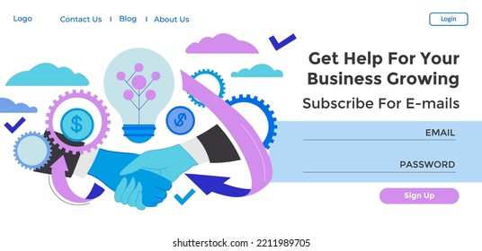 Subscribe for emails and get help for your business growing. Growth and development of company and revenue, assistance from specialists. Website landing page template, internet site. Vector in flat