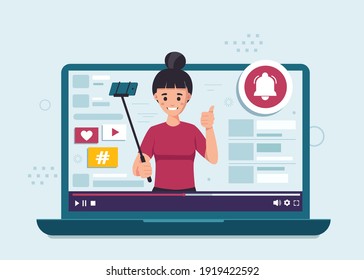 Subscribe to flat design illustration concept. Female blogger, online blogging