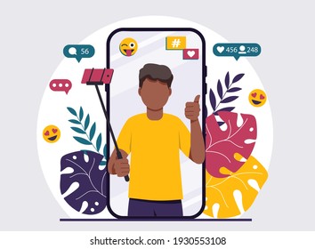 Subscribe to flat design illustration concept. African-american male blogger, online blogging