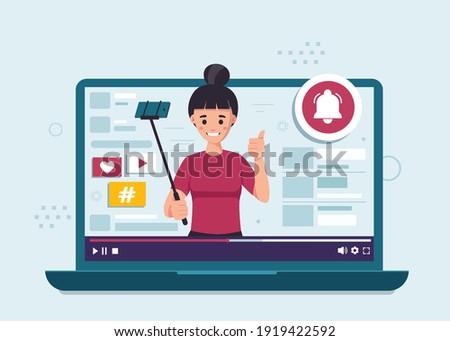 Subscribe to flat design illustration concept. Female blogger, online blogging