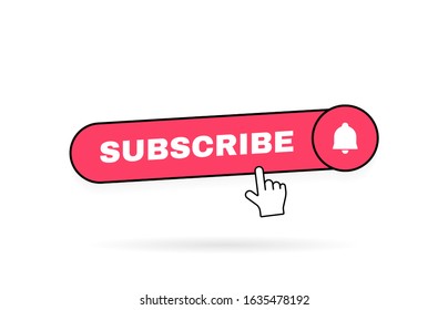 Subscribe geometric button label for videos channel with hand pointer clicking and bell. Modern vector illustration.