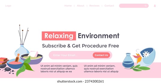 Subscribe and get free procedure, relaxing environment. Positive impact on mental and physical well being, support emotional health. Website landing page template, internet site. Vector in flat style