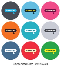 Subscribe with hand pointer sign icon. Membership symbol. Website navigation. Colored round buttons. Flat design circle icons set. Vector