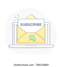 Subscribe icon, letter on computer or laptop display with envelope. Newsletter, mail subscription or contact page. Flat outline vector icon illustration, UX UI modern design element for design.