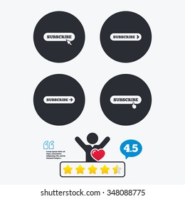 Subscribe icons. Membership signs with arrow or hand pointer symbols. Website navigation. Star vote ranking. Client like and think bubble. Quotes with message.