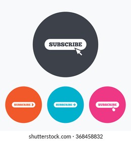 Subscribe icons. Membership signs with arrow or hand pointer symbols. Website navigation. Circle flat buttons with icon.