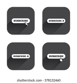 Subscribe icons. Membership signs with arrow or hand pointer symbols. Website navigation. Square flat buttons with long shadow.