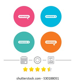 Subscribe icons. Membership signs with arrow or hand pointer symbols. Website navigation. Calendar, cogwheel and report linear icons. Star vote ranking. Vector