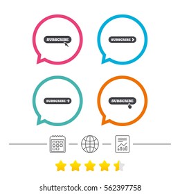 Subscribe icons. Membership signs with arrow or hand pointer symbols. Website navigation. Calendar, internet globe and report linear icons. Star vote ranking. Vector