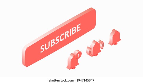 Subscribe isometric button. Set of pink subscription buttons and notification bells isolated on white background. Vector illustration 