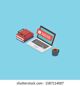 Subscribe isometric. laptop showing subscribe button. Conten updates for video streaming concept