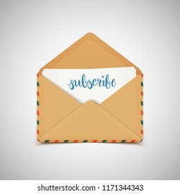 Subscribe letter in vintage envelope, brush pen lettering calligraphy for social media, vector illustration
