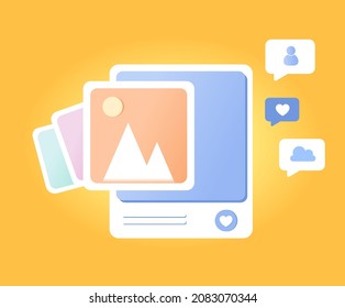 Subscribe and like events illustration set. Posts, photos, 3D, promotions, followers. Vector drawing. Hand drawn style.