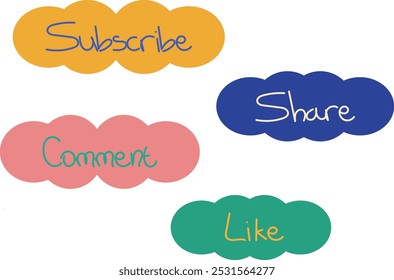 Suscribirse, Me gusta, Compartir, Comentar Texto con forma de nube burbuja de colores. Video Elemento para decorar Publicación en Redes Sociales y blog
