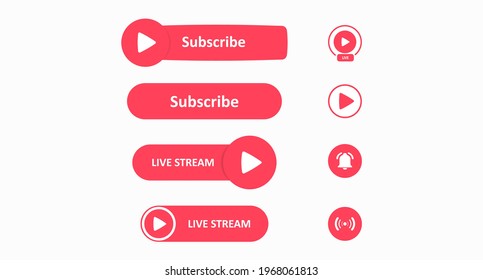 Subscribe, Live and Play buttons. A set of pink buttons for online channel design. Vector illustration 