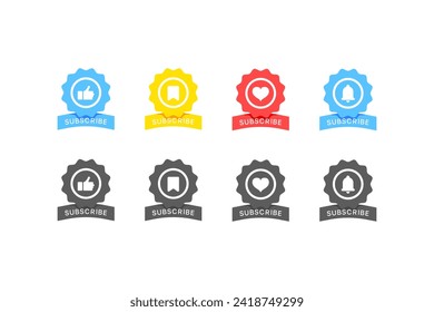 Subscribe medal icon set. Like, pin, heart, bell icons. Flat style. Vector icon