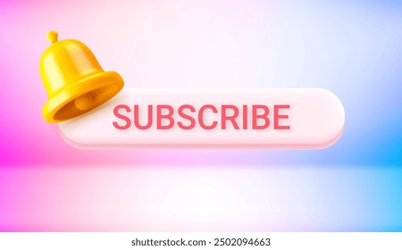 Subscribe in modern social media platform concept with button and notification bell. 3d style vector illustration 