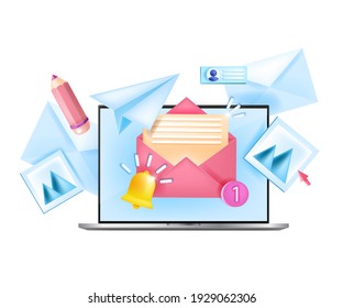 Subscribe to monthly newsletter vector internet business isolated concept, laptop, home workplace. Online marketing 3D illustration, notification bell, open envelopes. Subscribe newsletter web design