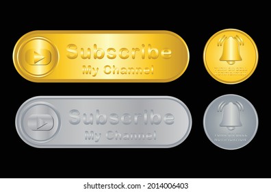 Subscribe my channel button, icon set with gold and medal colour. social media template. vector eps10