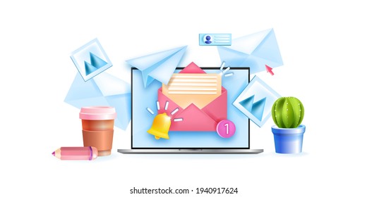 Subscribe newsletter 3D vector concept, signup mailing list illustration, opened envelope, cactus, laptop. Social media business banner, email marketing, notification bell. Subscribe newsletter design